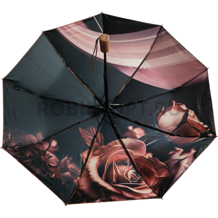 Зонт автомат женский 3 сл., UNIQUE 3008, прямая ручка , 23"(58.5см)Х9к, кожа и эпонж, (диаметр),  г, , цветы фото детальное