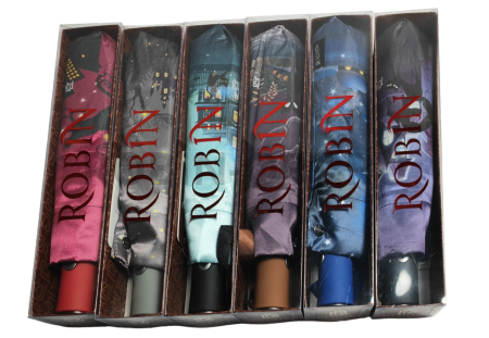 Зонт автомат женский 3 сл., ROBIN 3338, прямая ручка , 23"(58.5см)Х9к, сатин, 100 см(диаметр), 450 г, 6 рассцветка, кошки фото детальное