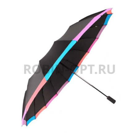 Зонт автомат женский 3 сл., Три слона L3161 - BLACK, прямая ручка , 23"(58.5см)Х16к, полиэстер, (диаметр),  г, , черный с радужным фото детальное