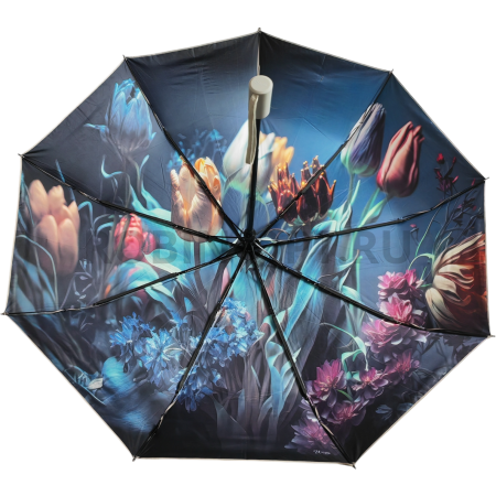 Зонт автомат женский 3 сл., UNIQUE 3008, прямая ручка , 23"(58.5см)Х9к, кожа и эпонж, (диаметр),  г, , цветы фото детальное