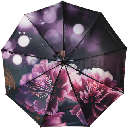 Зонт автомат женский 3 сл., UNIQUE 3008, прямая ручка , 23"(58.5см)Х9к, кожа и эпонж, (диаметр),  г, , цветы фото детальное