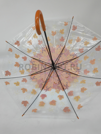 Зонт полуавтомат женский трость, PICCO 066, ручка крюк, 23"(58.5см)Х8к, ПВХ, (диаметр),  г, , листья на прозрачном фоне фото детальное