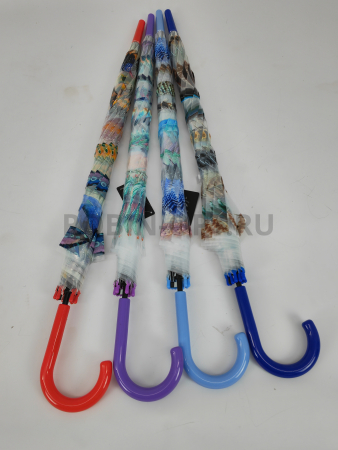 Зонт полуавтомат женский трость, PICCO 065, ручка крюк, 23"(58.5см)Х8к, ПВХ, (диаметр),  г, , цветы на прозрачном фоне фото детальное