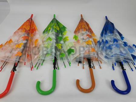 Зонт полуавтомат женский трость, PICCO 066, ручка крюк, 23"(58.5см)Х8к, ПВХ, (диаметр),  г, , листья на прозрачном фоне фото детальное