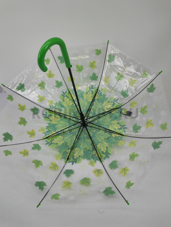 Зонт полуавтомат женский трость, PICCO 066, ручка крюк, 23"(58.5см)Х8к, ПВХ, (диаметр),  г, , листья на прозрачном фоне фото детальное