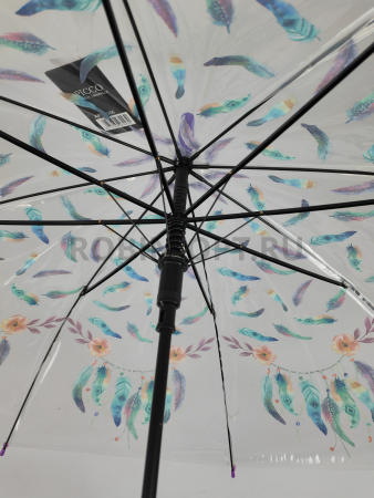 Зонт полуавтомат женский трость, PICCO 065, ручка крюк, 23"(58.5см)Х8к, ПВХ, (диаметр),  г, , цветы на прозрачном фоне фото детальное