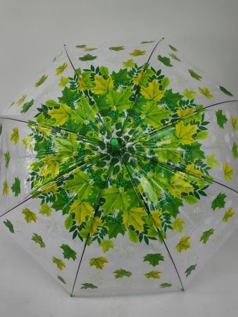 Зонт полуавтомат женский трость, PICCO 066, ручка крюк, 23"(58.5см)Х8к, ПВХ, (диаметр),  г, , листья на прозрачном фоне фото детальное