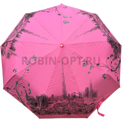 Зонт автомат женский 3 сл., DINIYA 926, прямая ручка , 23"(58.5см)Х9к, полиэстер, (диаметр),  г, , нарисованный город фото анонса