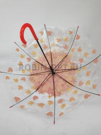 Зонт полуавтомат женский трость, PICCO 066, ручка крюк, 23"(58.5см)Х8к, ПВХ, (диаметр),  г, , листья на прозрачном фоне фото детальное