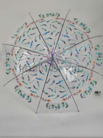 Зонт полуавтомат женский трость, PICCO 065, ручка крюк, 23"(58.5см)Х8к, ПВХ, (диаметр),  г, , цветы на прозрачном фоне фото детальное