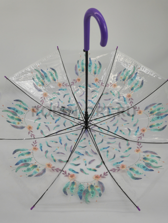 Зонт полуавтомат женский трость, PICCO 065, ручка крюк, 23"(58.5см)Х8к, ПВХ, (диаметр),  г, , цветы на прозрачном фоне фото детальное