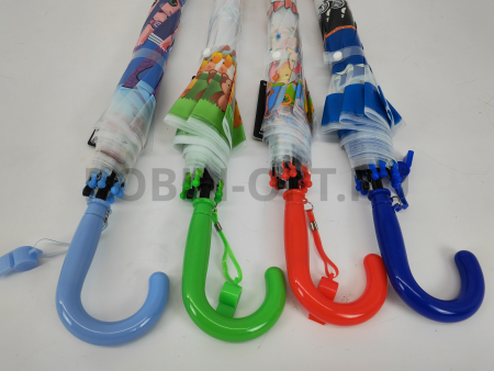 Зонт полуавтомат детский трость, PICCO 063, ручка крюк, 19"(48см)Х8к, ПВХ, 95 см(диаметр),  г, 4 расцветка, мультики на прозрачном фото детальное