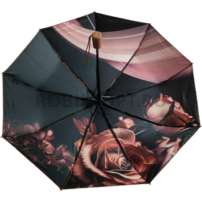 Зонт автомат женский 3 сл., UNIQUE 3008, прямая ручка , 23"(58.5см)Х9к, кожа и эпонж, (диаметр),  г, , цветы фото анонса