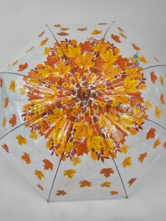 Зонт полуавтомат женский трость, PICCO 066, ручка крюк, 23"(58.5см)Х8к, ПВХ, (диаметр),  г, , листья на прозрачном фоне фото детальное