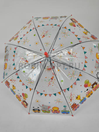 Зонт полуавтомат детский трость, PICCO 063, ручка крюк, 19"(48см)Х8к, ПВХ, 95 см(диаметр),  г, 4 расцветка, мультики на прозрачном фото детальное