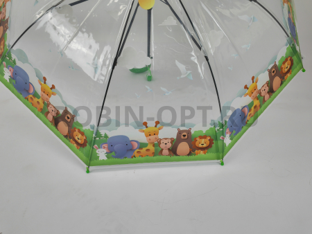 Зонт полуавтомат детский трость, PICCO 063, ручка крюк, 19"(48см)Х8к, ПВХ, 95 см(диаметр),  г, 4 расцветка, мультики на прозрачном фото детальное