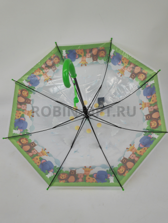 Зонт полуавтомат детский трость, PICCO 063, ручка крюк, 19"(48см)Х8к, ПВХ, 95 см(диаметр),  г, 4 расцветка, мультики на прозрачном фото детальное