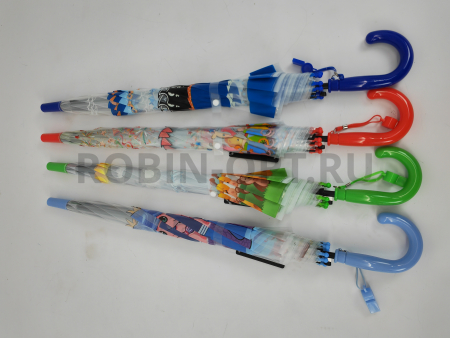 Зонт полуавтомат детский трость, PICCO 063, ручка крюк, 19"(48см)Х8к, ПВХ, 95 см(диаметр),  г, 4 расцветка, мультики на прозрачном фото детальное
