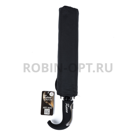 Зонт полуавтомат мужской 3 сл., ZICCO 3035, ручка полкрюк, 23"(58.5см)Х9к, эпонж, (диаметр),  г, , черный фото детальное