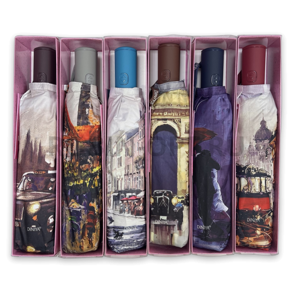 Зонт автомат женский 3 сл., DINIYA 3007, прямая ручка , 23"(58.5см)Х9к, кожа и эпонж, (диаметр),  г, , город фото детальное