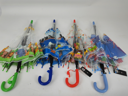 Зонт полуавтомат детский трость, PICCO 063, ручка крюк, 19"(48см)Х8к, ПВХ, 95 см(диаметр),  г, 4 расцветка, мультики на прозрачном фото детальное