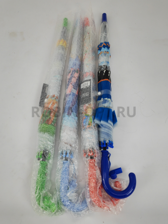 Зонт полуавтомат детский трость, PICCO 063, ручка крюк, 19"(48см)Х8к, ПВХ, 95 см(диаметр),  г, 4 расцветка, мультики на прозрачном фото детальное