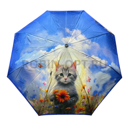 Зонт автомат женский 3 сл., ROBIN 3119, прямая ручка , 21.6"(55см)Х8к, эпонж, 96 см(диаметр), 344 г, 6 рассцветка, кошки фото детальное